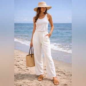 A New Day White Linen Blend Wide Leg Pants Women Size L Elastic Waist